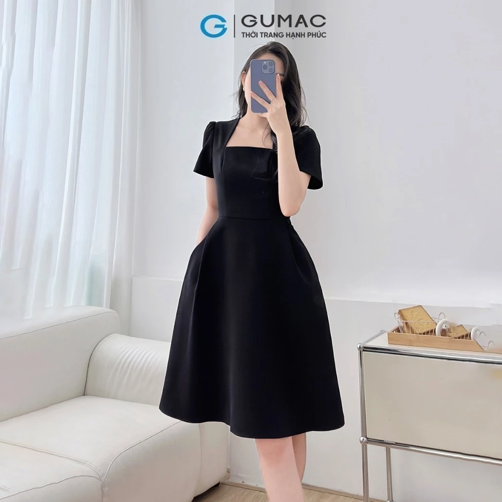 Đầm nữ A xòe cổ vuông màu đen xếp ly tuyết mưa dày dặn thanh lịch thời trang GUMAC LDF0508