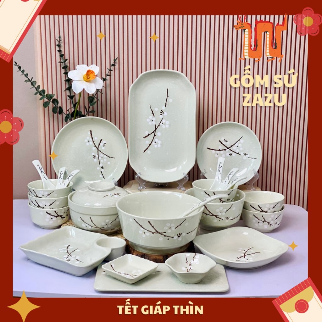 Bộ bát đĩa Hoa Đào Nhật, set bát đĩa Tết hoa Trắng, chén dĩa đẹp hoa Phong Cách Nhật Bản Gốm Sứ ZAZU, chén cơm men sáng