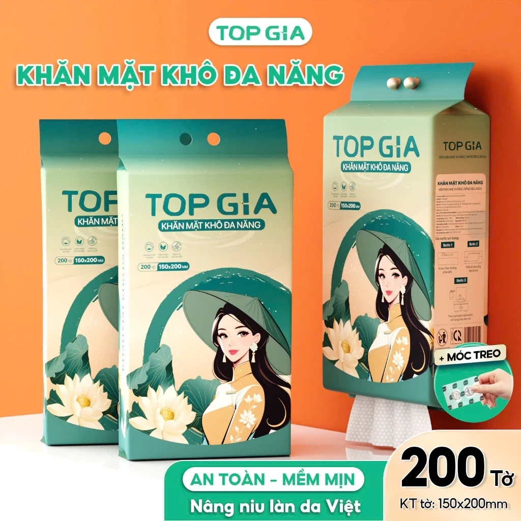 [MỚI] Khăn mặt khô đa năng TopGia Sắc Việt 200 tờ rút, mềm mịn, thấm hút, an toàn cho da