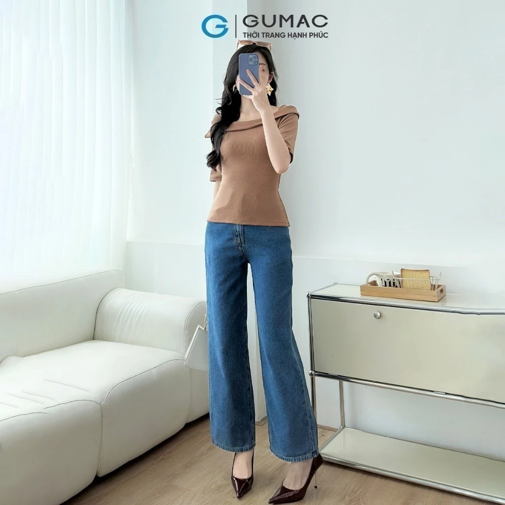Quần jeans nữ suông vừa cơ bản xanh đậm tôn dáng jeans mềm đứng form thời trang GUMAC LQJE1109