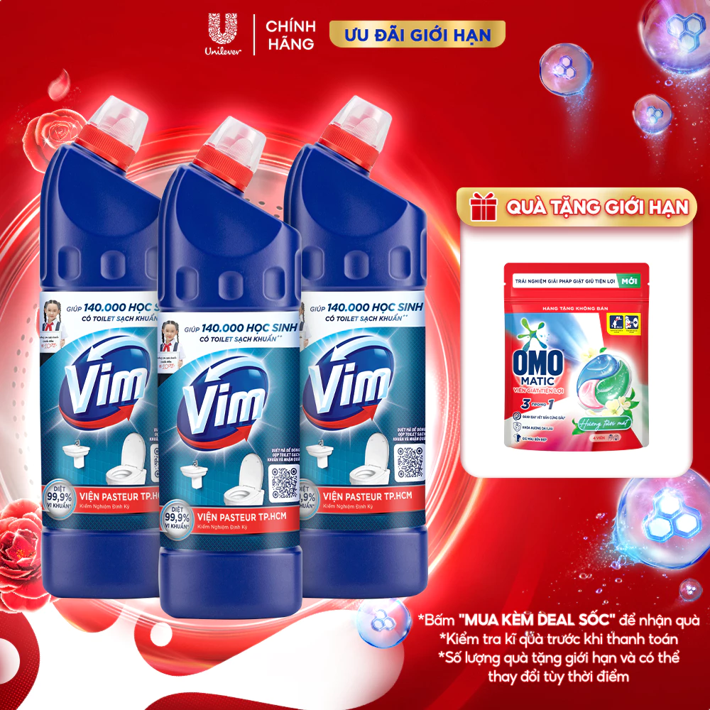Combo 3 Nước Tẩy Bồn Cầu và Nhà Vệ Sinh Vim Diệt Khuẩn| Diệt 99,9% Vi Khuẩn (880ml)
