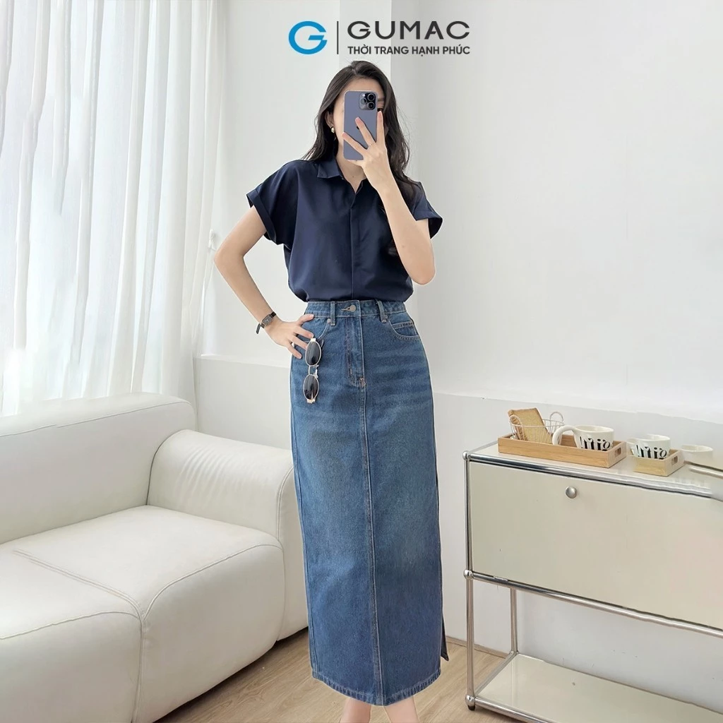 Chân váy jeans nữ bút chì dáng dài midi xẻ tà tôn dáng dễ phối trẻ trung thời trang GUMAC VD12037