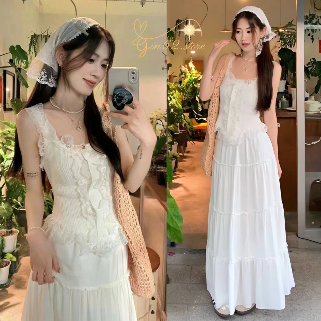 Set Váy Nữ Đi Biển Áo 2 Dây Viền Ren Chất Dệt Kim Mềm Kèm Chân Váy Maxi Trắng Thiết Kế Ngọt Ngào Gin62 G195