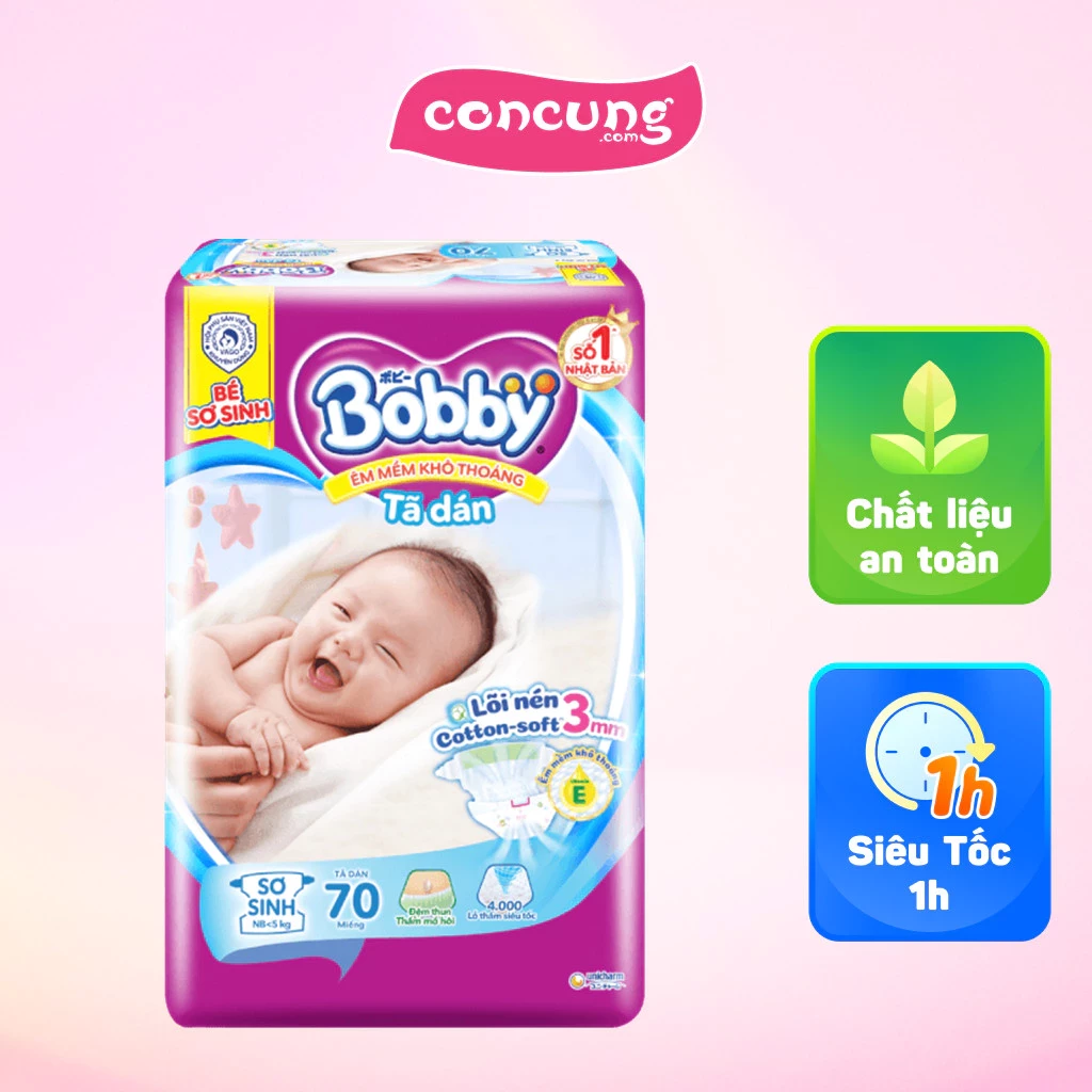 Tã dán Bobby siêu thấm - khô thoáng (Sơ sinh, dưới 5kg, 70 miếng)