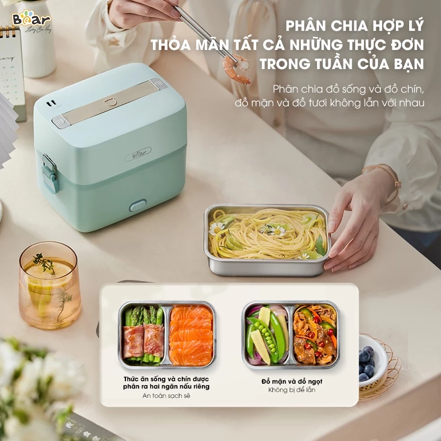 Bộ Hộp Cơm Cắm Điện Bear 2 Tầng 3 Ngăn 1.2L Hâm Nóng Cặp Lồng Cơm Giữ Nhiệt Hộp Cơm Văn Phòng Cắm Điện HC12L