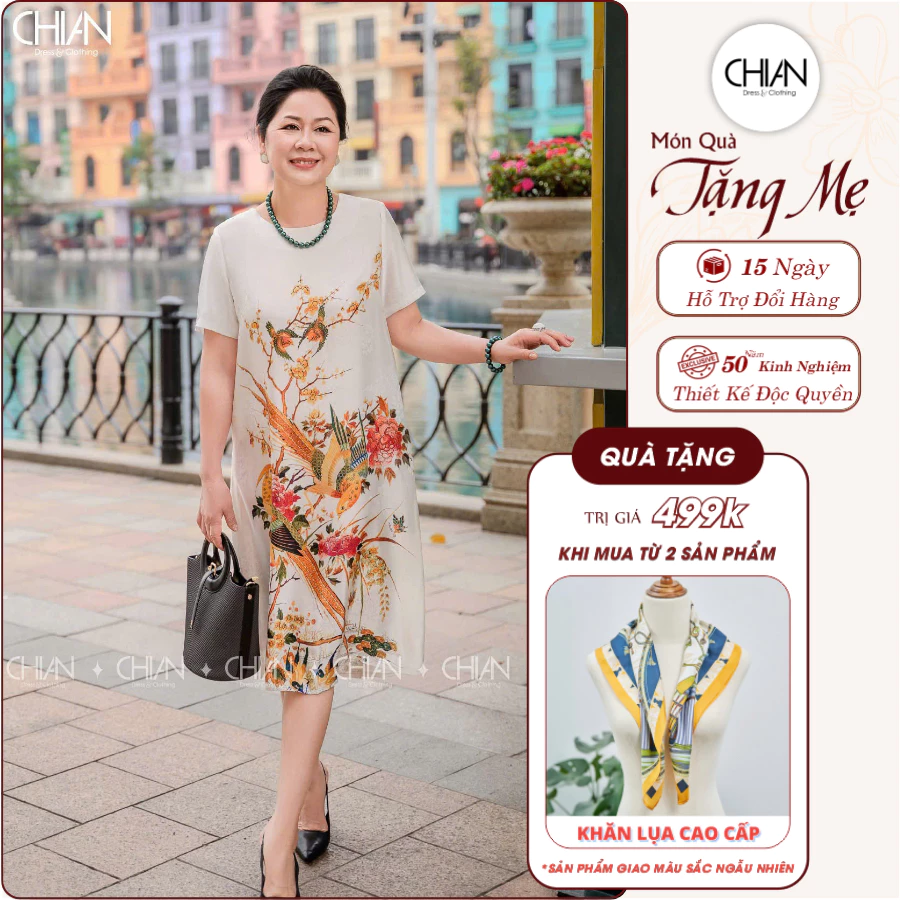Đầm Lụa Họa Tiết Uyên Ương Hoa Lá ChiAn CDNT25017W– Thiết Kế Phom Rộng, Chất Liệu Lụa Cao Cấp, Tặng Mẹ Yêu Thương