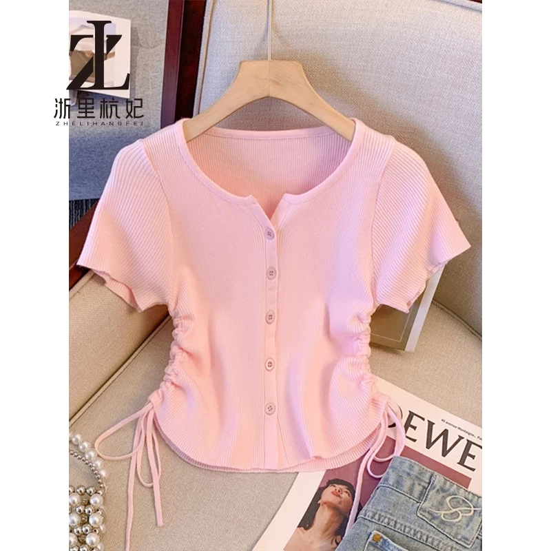 ZHELIHANGFEI Dệt Kim Cardigan Dây Rút Eo Ngắn Tay Băng Lụa Nữ Hồng Ngắn Top Hợp Thời Trang