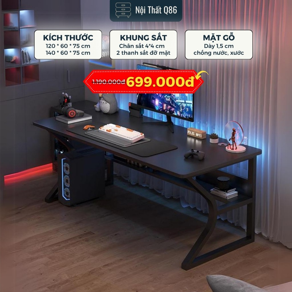 Bàn gaming làm việc tại nhà văn phòng kèm kệ lửng NỘI THẤT Q86 mặt gỗ 1m2, 1m4 chân sắt 4x4cm sơn tĩnh điện