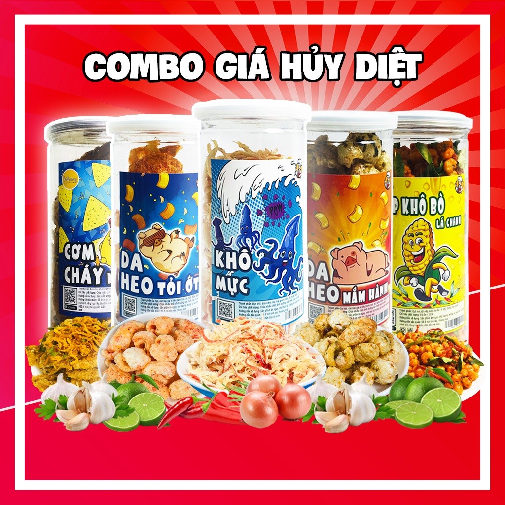 Combo Giá Sỉ - Combo 5 món đồ ăn vặt siêu ngon, khô gà, khô bò, khô heo,cơm cháy