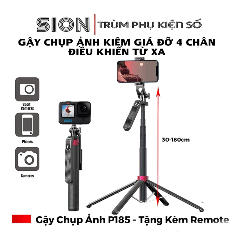 Gậy Chụp Ảnh 4 Chân P185-Gậy Chụp Hình Cầm Tay Tặng Kèm Remote có Chiều Dài Sử Dụng 30-180cm