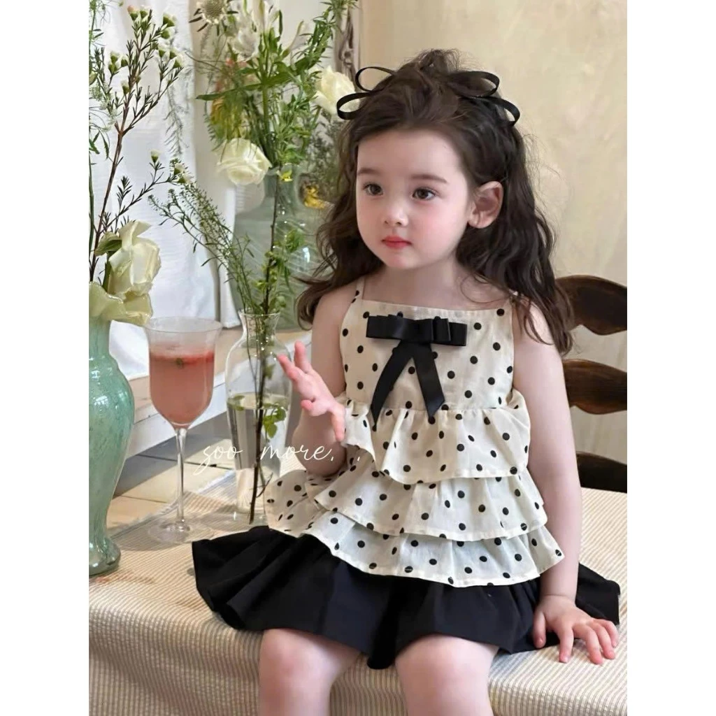 Set áo hai dây chấm bi tầng xoè mix chân váy chất đũi mềm mát xinh yêu cho bé