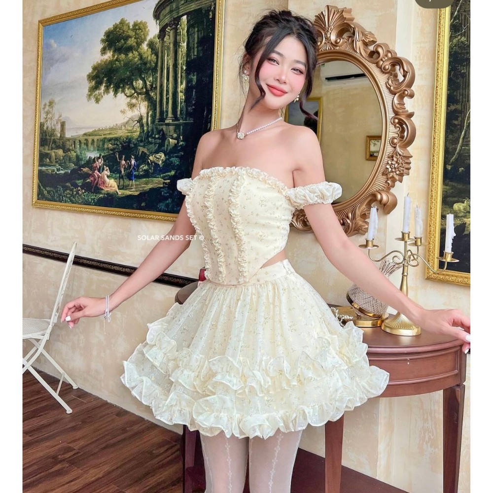 Váy Bánh Bèo Dáng Cúp Ngực Kèm Chân Váy Dáng Xòe Bèo MELLYSTORE Váy Đi Biển In Hoa Nhí Cao Cấp Đẹp Quyến Rũ ,Sang Trọng