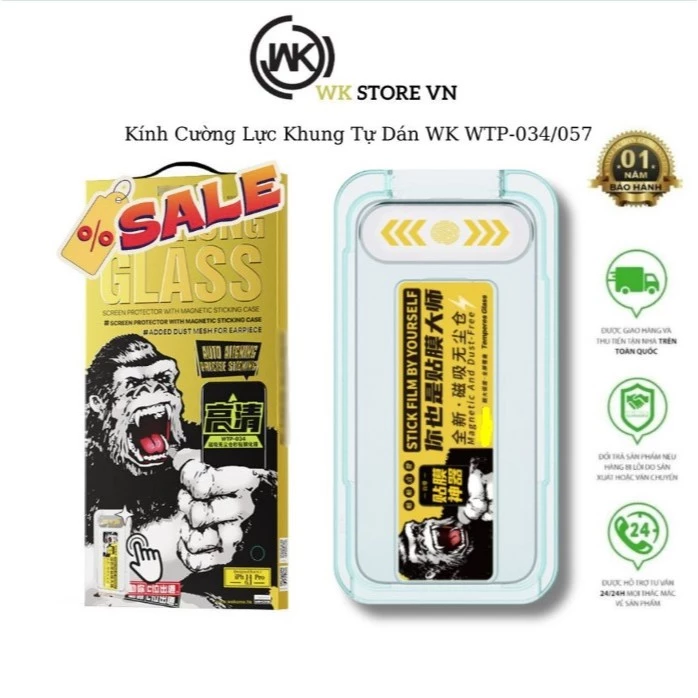 Kính Cường Lực KINKONG iPhone Khung Tự Dán WK WTP-034/057 Trong Suốt, CNT cho IPXsm 11 12 13 14 15 16Promax