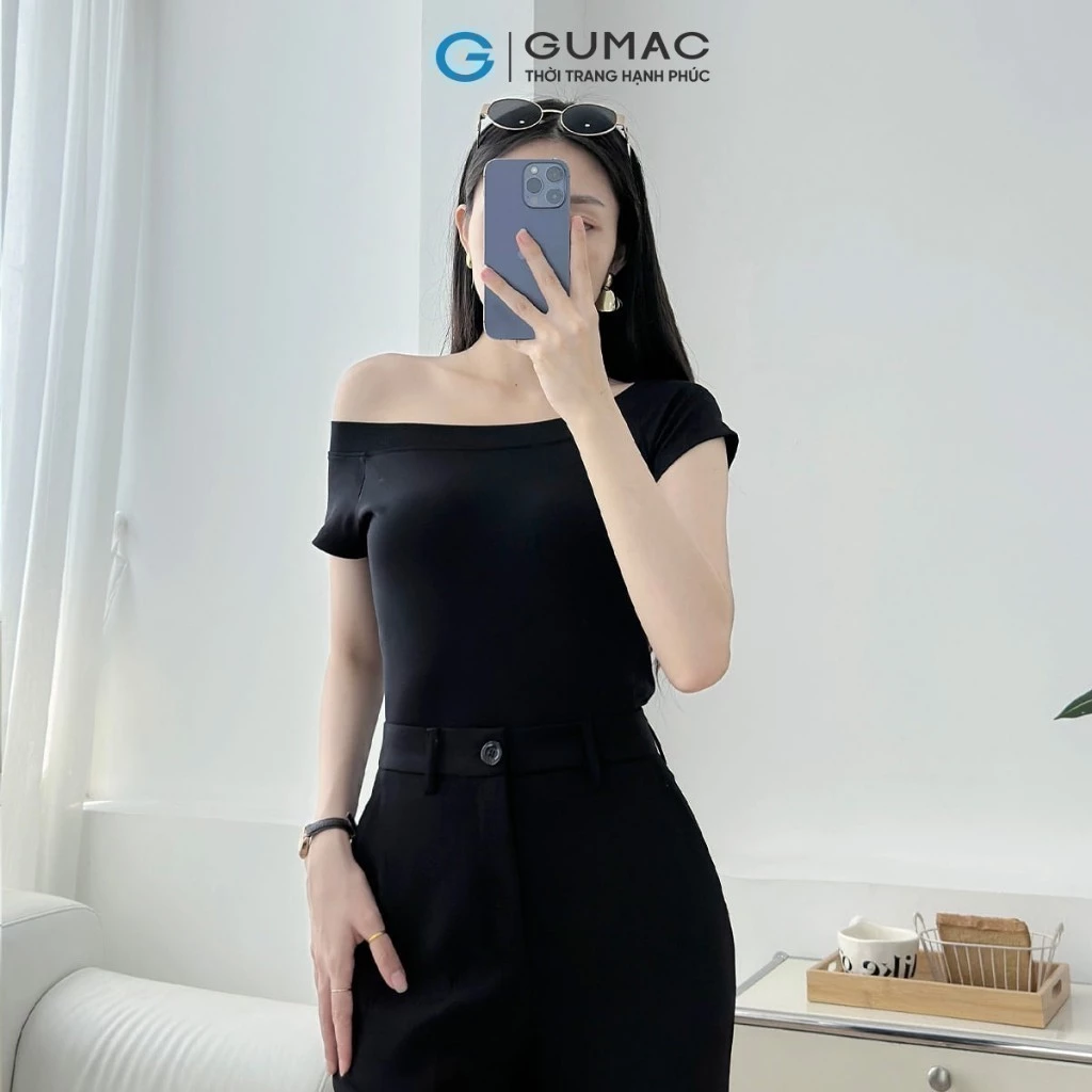 Áo thun nữ form ôm kiểu trễ vai tay ngắn màu trắng - đen vải thun mềm mịn thời trang GUMAC LATD1104