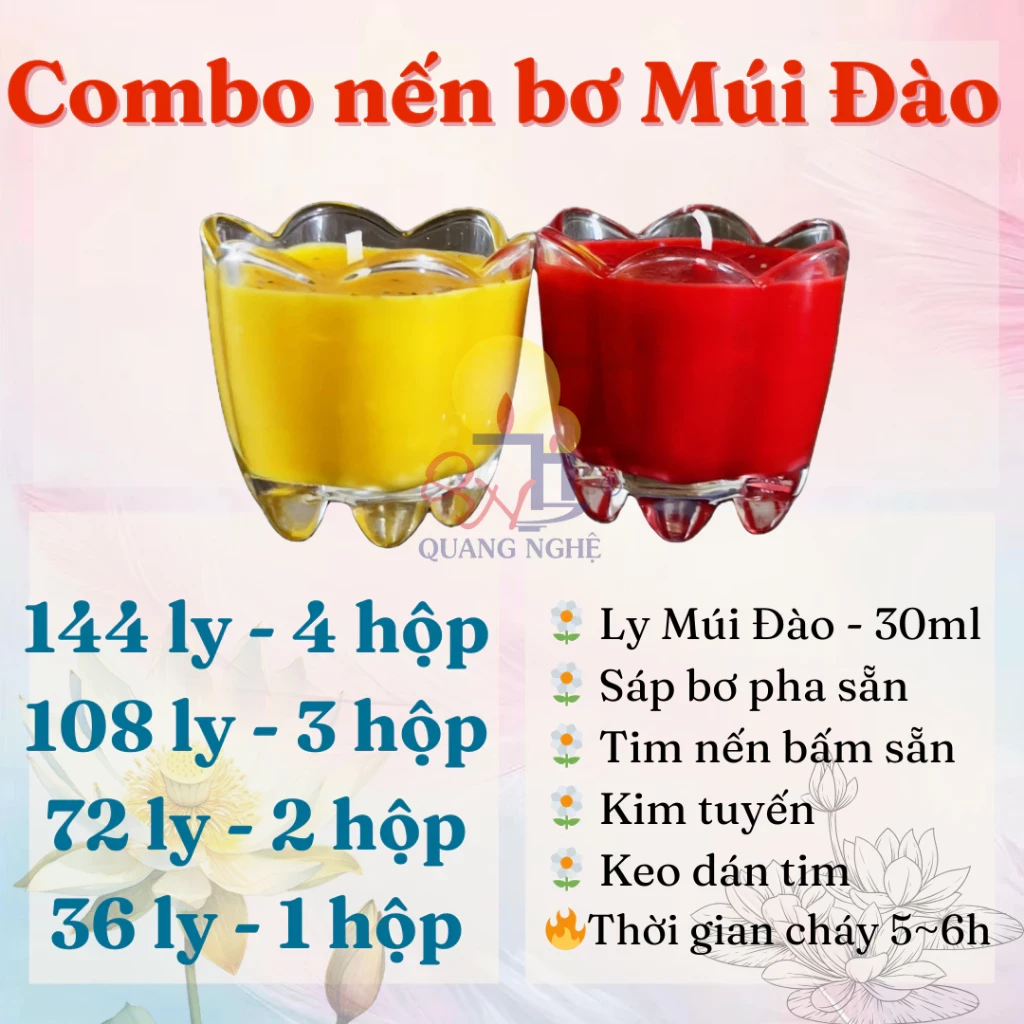 Combo làm nến bơ cúng phật 144/108/72/36 ly Múi Đào, Múi Hoa Mai