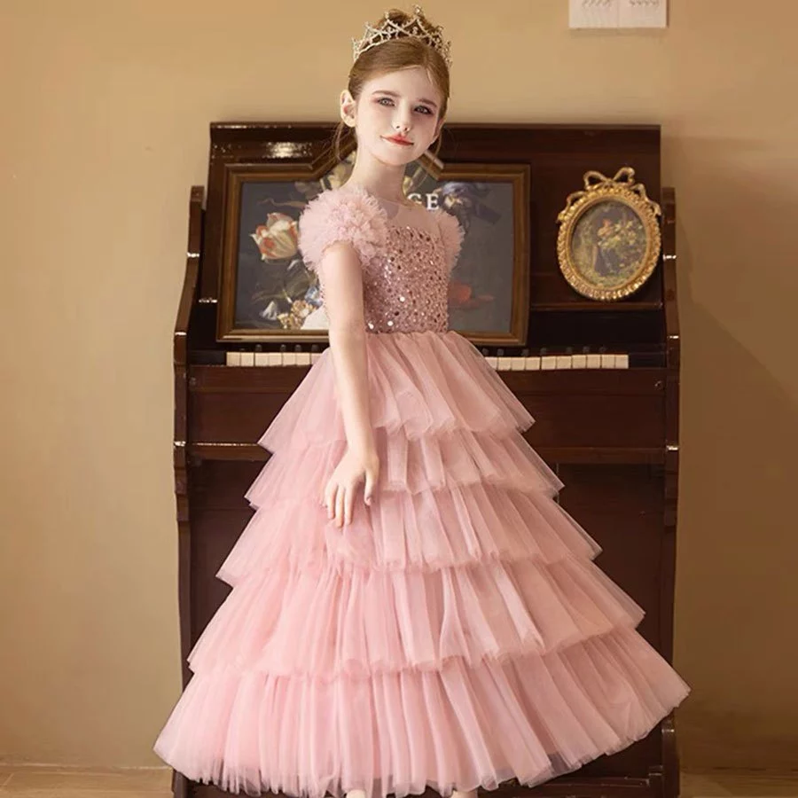 Đầm dự tiệc kim sa cao cấp pink majesty công chúa hồng xếp tầng lấp lánh cho bé gái Tutupetti