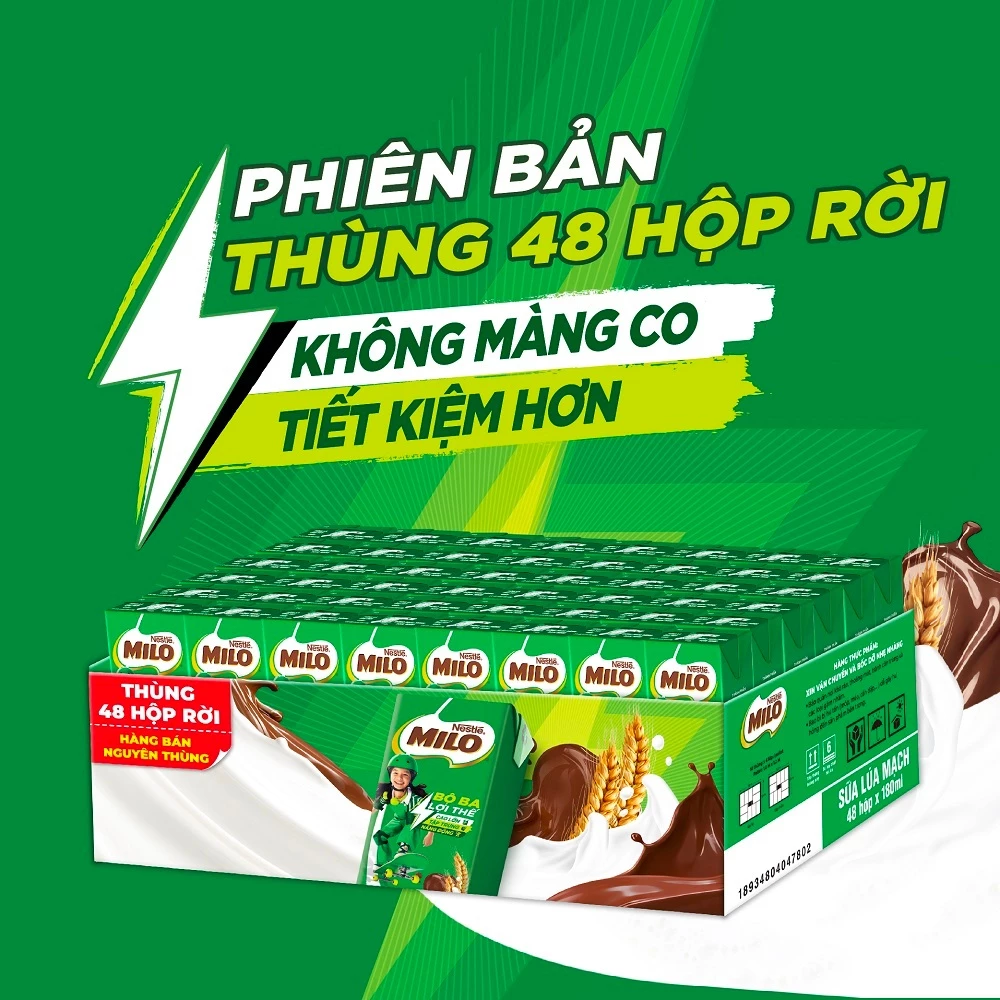 Thùng 48 hộp sữa lúa mạch Nestlé MILO rời x 180ml không màng nhựa (48x180ml)