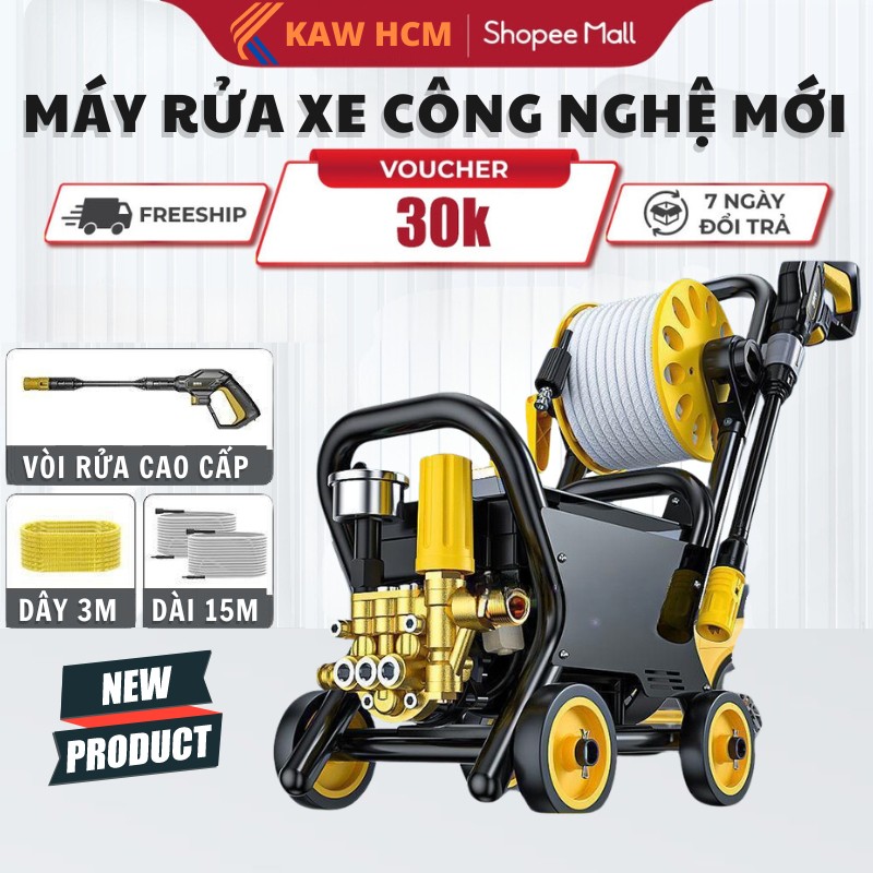 Máy rửa xe bán công nghiệp mới chính hãng KAW siêu mạnh, Có rulo cuốn 15M dây và khung 4 bánh xe, lõi đồng 100%, BH 12TH