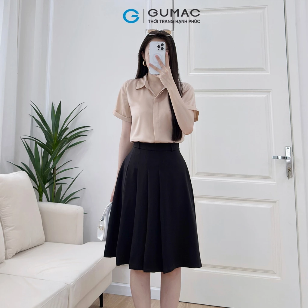 Chân váy nữ form A xòe màu đen một lớp xếp ly một bên có túi sườn thời trang GUMAC LVF0618
