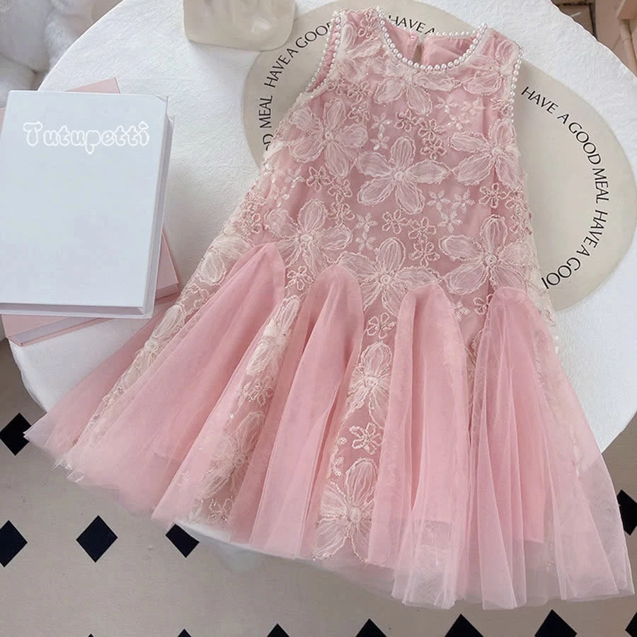Đầm váy công chúa cho bé gái Tutupetti không tay bồng bềnh voan thêu hoa đáng yêu