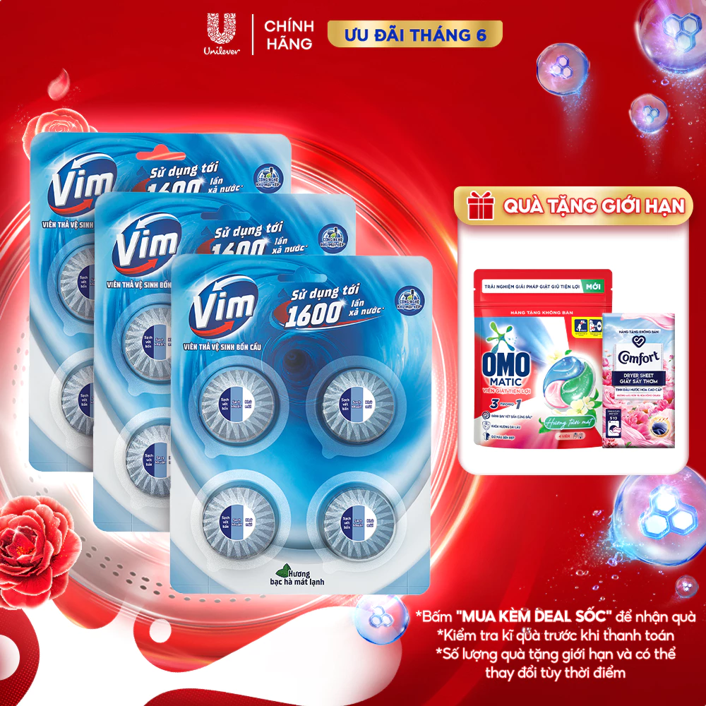 Combo 3 VỈ Viên Thả Vệ Sinh Bồn Cầu Vim | Sạch Khuẩn, Sáng Bóng đến 1600 Lần Xả (3x180g/vỉ)