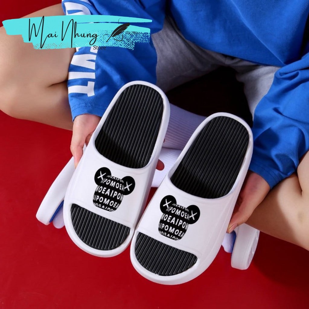 Dép nam nữ quai ngang bánh mì độn đế ullzang họa tiết mặt gấu nam nữ chất liệu eva 2024