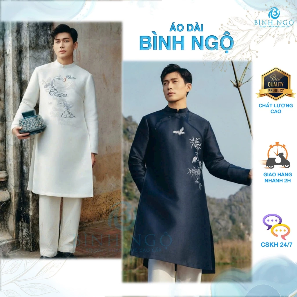 Áo dài Nam thêu họa tiết Hạc vân mây sắc nét, chất vải mềm dày dặn form nam tính - Áo Dài cao cấp Bình Ngộ