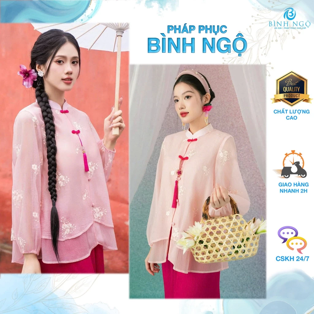 Pháp Phục, Đồ Lam đi chùa cổ tết đính cúc bọc lụa gấm, quần lụa xuông vải dày thanh lịch - Pháp Phục Bình Ngộ