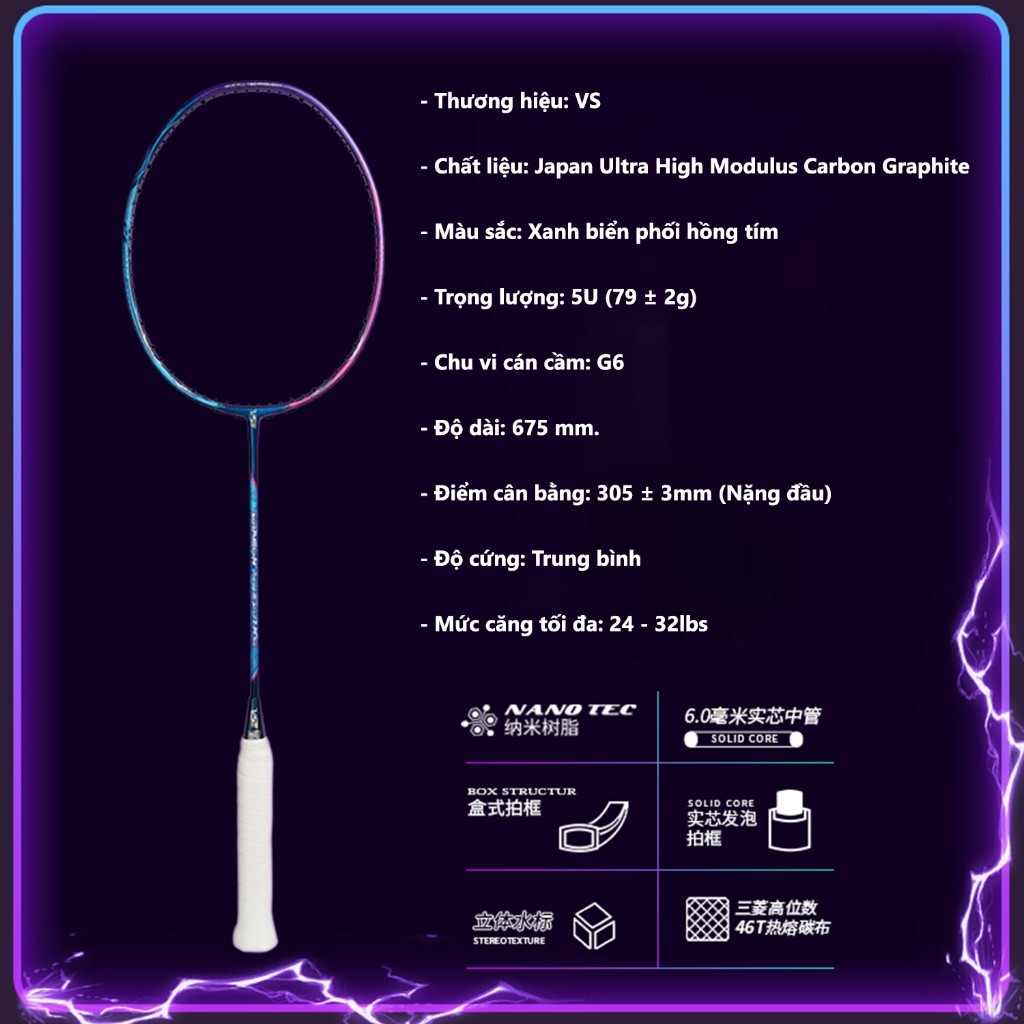 Vợt cầu lông VS Youlong rồng xanh chính hãng 4U căng sẵn 10.5kg tặng cước, quấn cán, túi đựng vợt