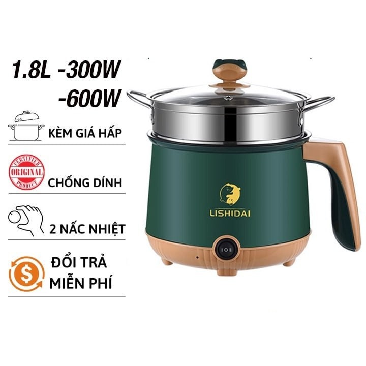 Nồi lẩu điện mini đa năng ca nấu mì 2 tầng tặng giá hấp nướng, luộc, chiên chống dính