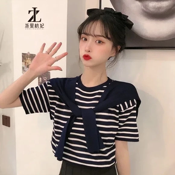 ZHELIHANGFEI Áo Thun Ngắn Tay Giả Hai Lớp Kèm Khăn Choàng Thời Trang Xuân Hè Cho Nữ