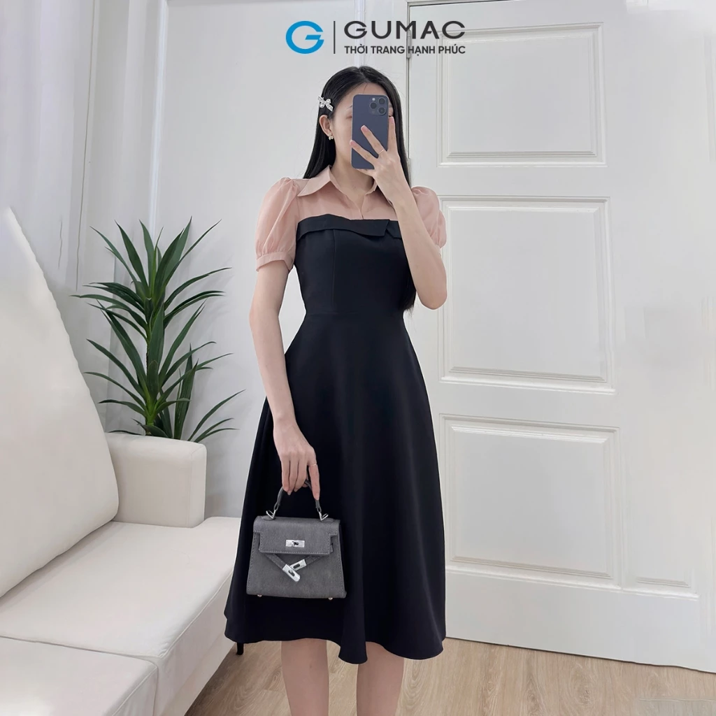 Đầm nữ form A cổ sơ mi phối vải tơ tay ngắn màu đen có hai túi sườn thời trang GUMAC LDF0611