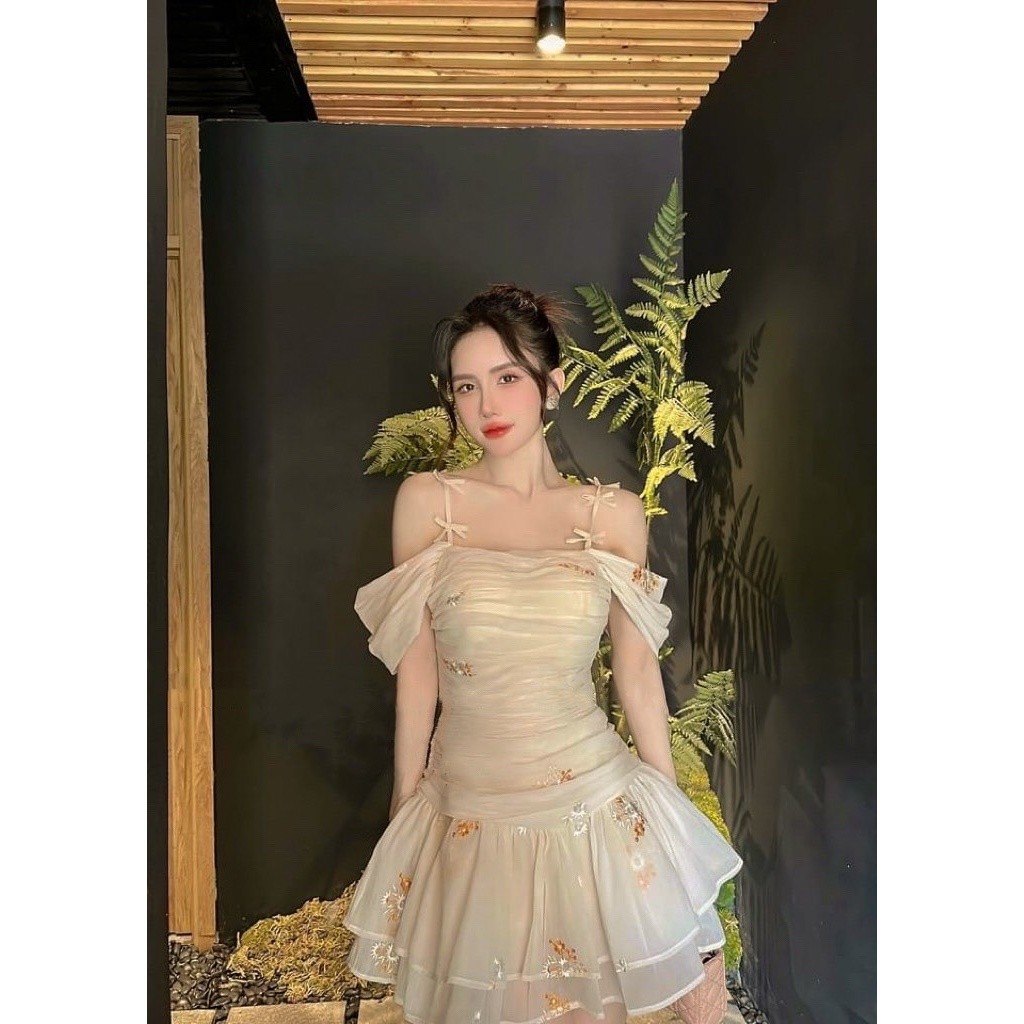 Đầm nữ thiết kế chất tơ trễ vai 2 dây đính nơ xinh xắn Olive Dress