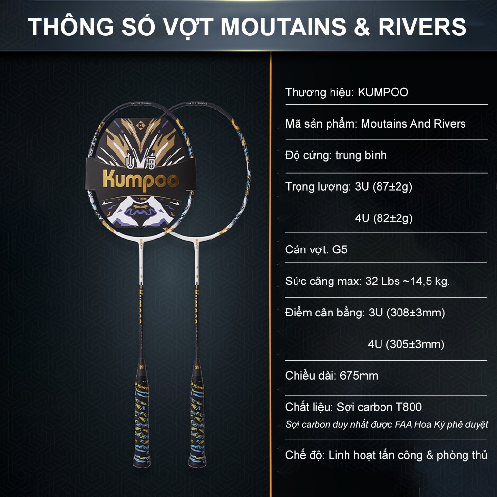 Vợt cầu lông Kumpoo Mountain and River 4U carbon 3K phù hợp cho người chơi chuyên nghiệp thi đấu