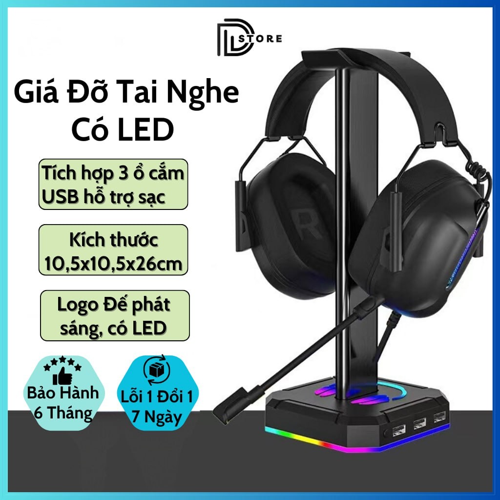 Giá Đỡ Tai Nghe PC Gaming Có LED RGB và Jack Cắm USB. Kệ Đỡ Treo Tai Nghe, Chân Đế Chắc Chắn Chống Trơn Trượt