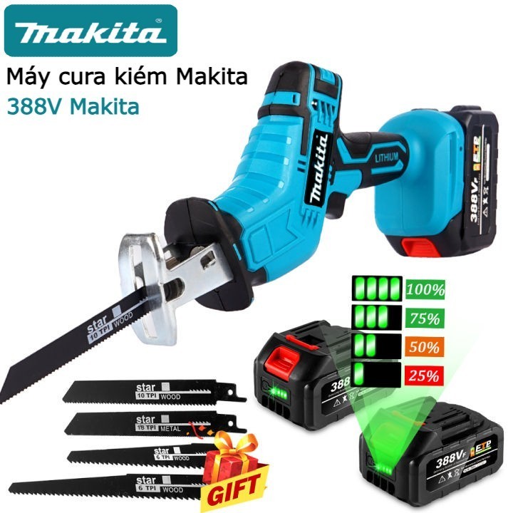 Máy cưa kiếm dùng pin Makita 388v, 100% Dây Đồng, Tặng 4 Lưỡi Cưa - Bảo hành 5 năm