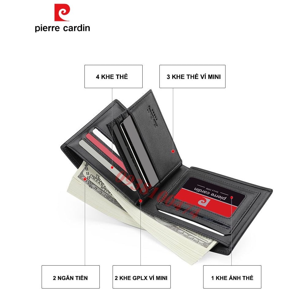 Ví nam Pierre Cardin chính hãng da bò thật có thêm ví mini rời nhiều ngăn ví ngang PCJ2092