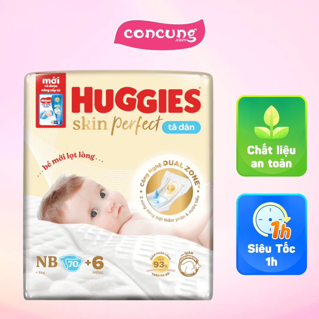 Tã dán lọt lòng Huggies Skin Perfect (Newborn, dưới 5kg, 70 miếng)
