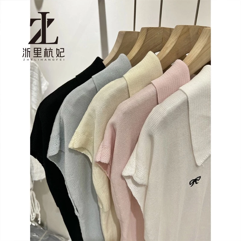 ZHELIHANGFEI Áo len dệt kim ngắn tay cổ Polo kiểu Pháp
